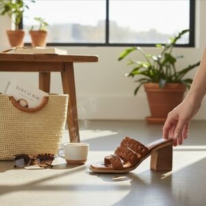 Marc Fisher Womens Slide On Braided Strappy Sandals Mules Sz 9.5 M Cognac Brown